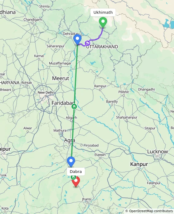 Route map showing distance and travel time from Ukhimath, India to Dabra, India