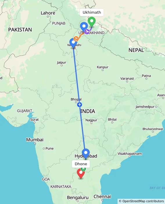 Route map showing distance and travel time from Ukhimath, India to Dhone, India