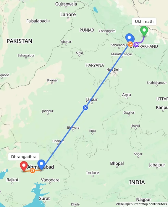 Route map showing distance and travel time from Ukhimath, India to Dhrangadhra, India