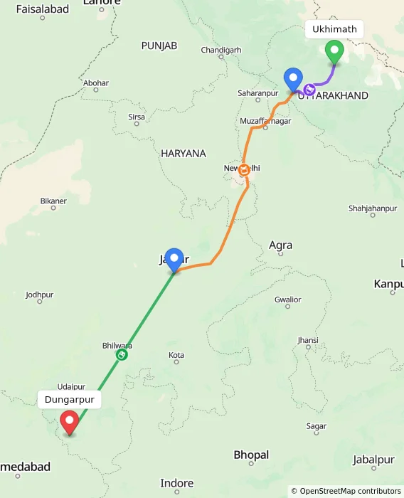 Route map showing distance and travel time from Ukhimath, India to Dungarpur, India