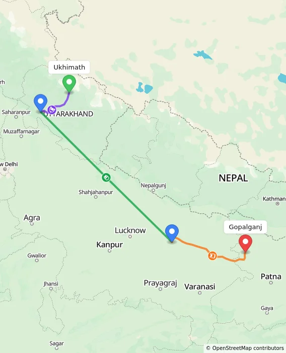 Route map showing distance and travel time from Ukhimath, India to Gopalganj, India