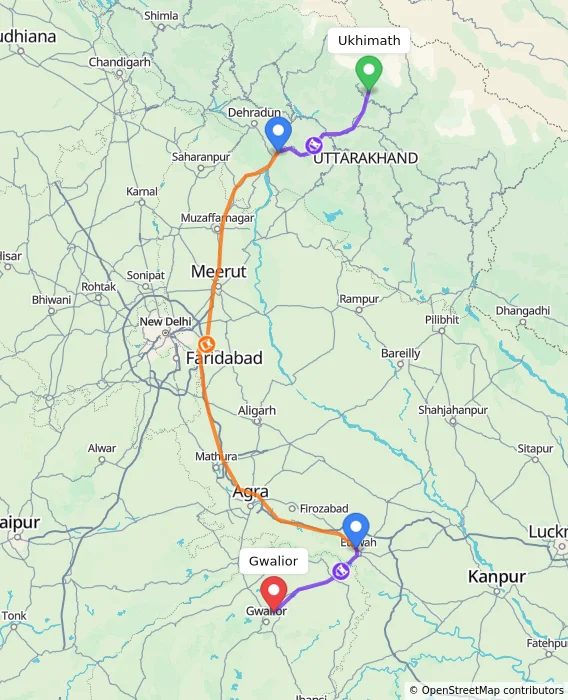 Route map showing distance and travel time from Ukhimath, India to Gwalior, India