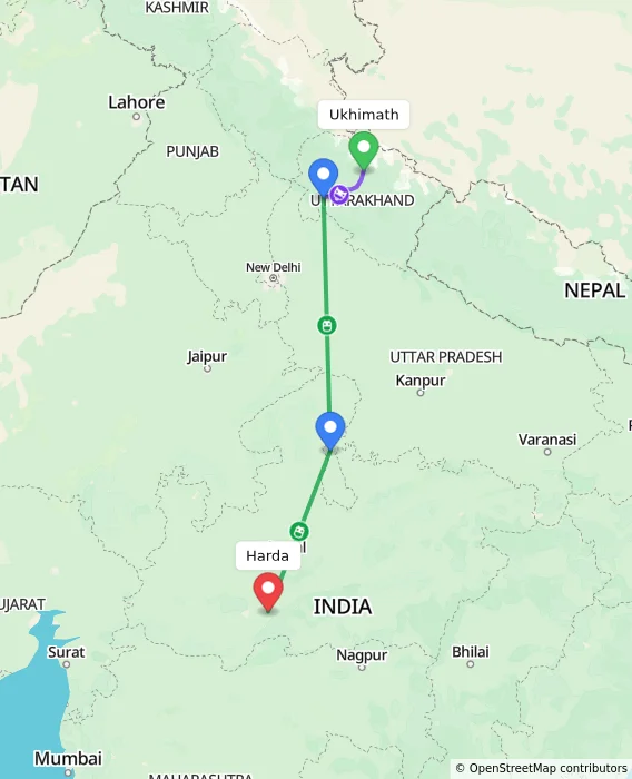 Route map showing distance and travel time from Ukhimath, India to Harda, India