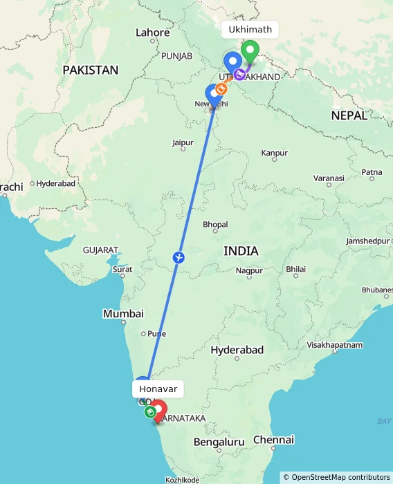 Route map showing distance and travel time from Ukhimath, India to Honavar, India