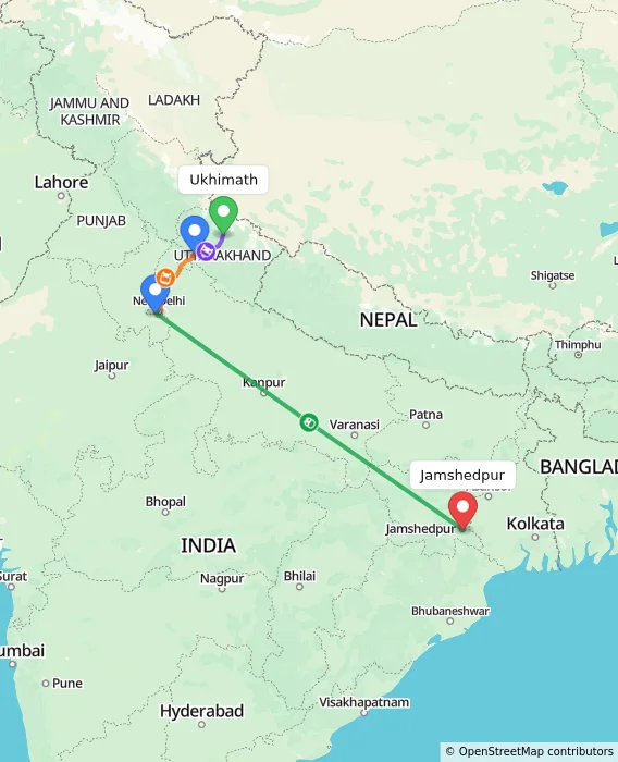 Route map showing distance and travel time from Ukhimath, India to Jamshedpur, India