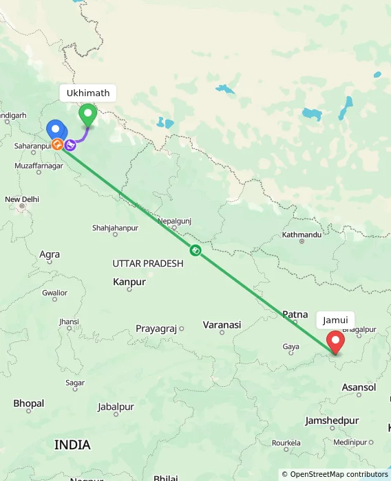 Route map showing distance and travel time from Ukhimath, India to Jamui, India