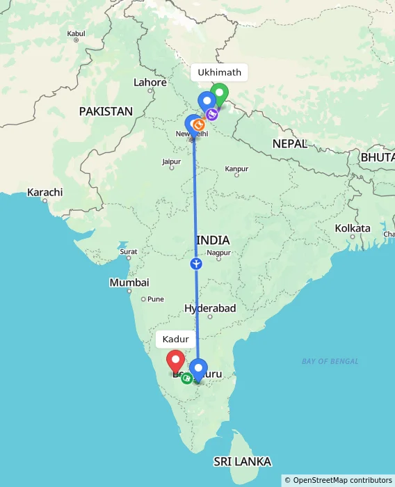 Route map showing distance and travel time from Ukhimath, India to Kadur, India