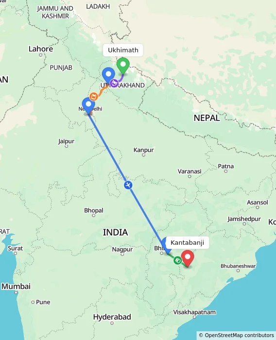 Route map showing distance and travel time from Ukhimath, India to Kantabanji, India