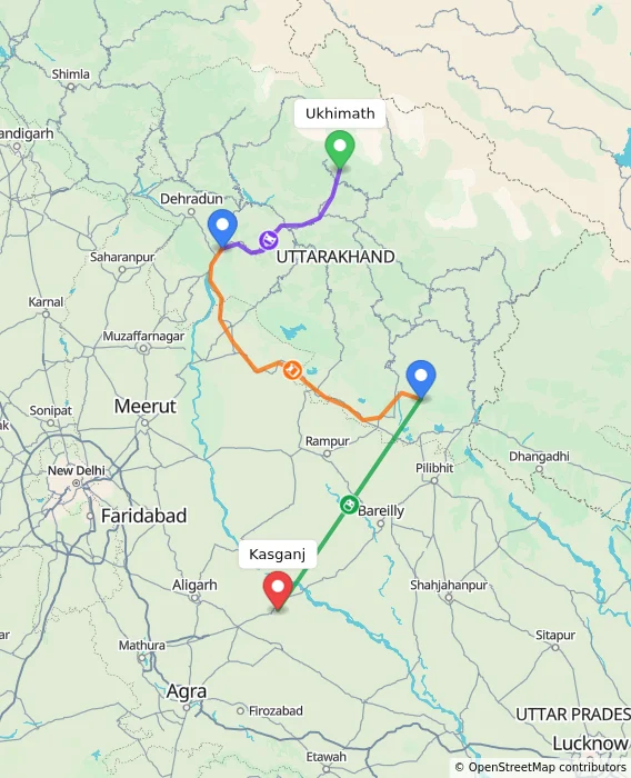 Route map showing distance and travel time from Ukhimath, India to Kasganj, India
