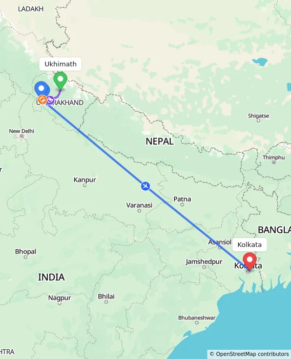 Route map showing distance and travel time from Ukhimath, India to Kolkata, India