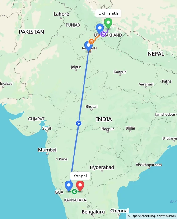 Route map showing distance and travel time from Ukhimath, India to Koppal, India