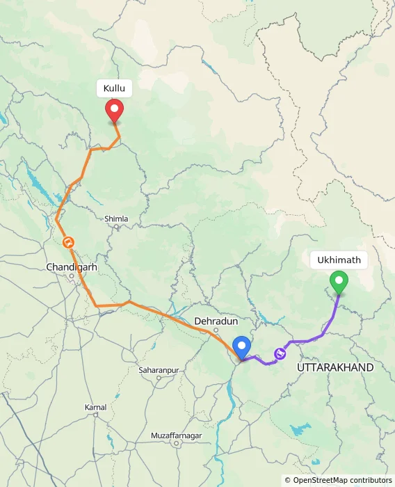 Route map showing distance and travel time from Ukhimath, India to Kullu, India