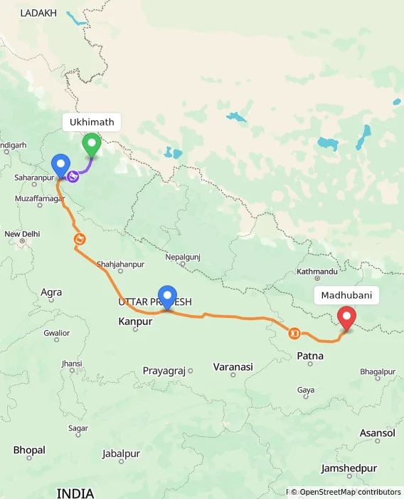 Route map showing distance and travel time from Ukhimath, India to Madhubani, India