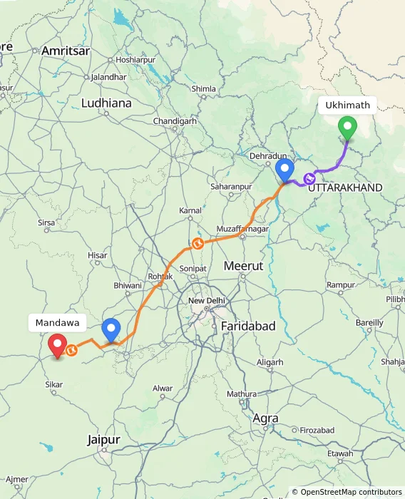 Route map showing distance and travel time from Ukhimath, India to Mandawa, India