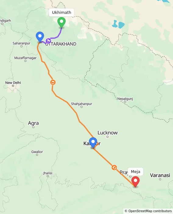 Route map showing distance and travel time from Ukhimath, India to Meja, India