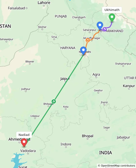 Route map showing distance and travel time from Ukhimath, India to Nadiad, India