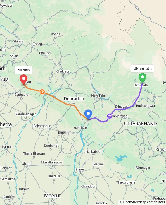 Route map showing distance and travel time from Ukhimath, India to Nahan, India