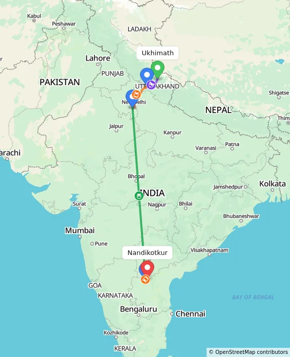 Route map showing distance and travel time from Ukhimath, India to Nandikotkur, India