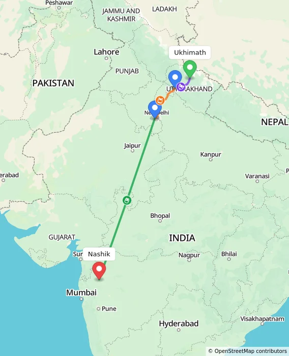 Route map showing distance and travel time from Ukhimath, India to Nashik, India