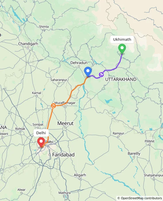 Route map showing distance and travel time from Ukhimath, India to Delhi, India
