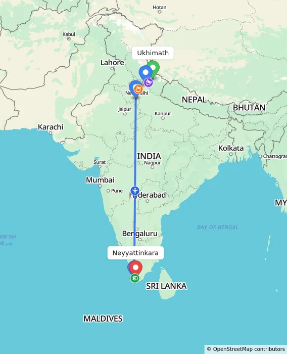 Route map showing distance and travel time from Ukhimath, India to Neyyattinkara, India
