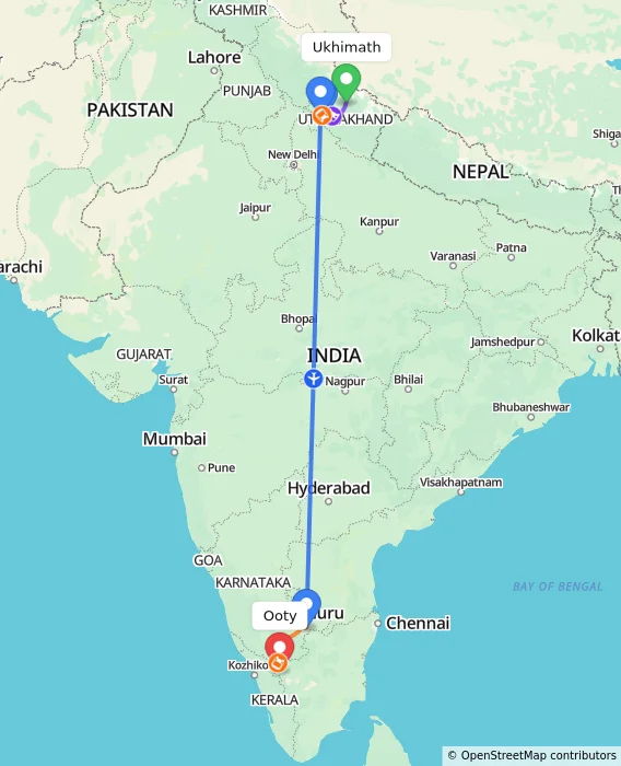 Route map showing distance and travel time from Ukhimath, India to Ooty, India