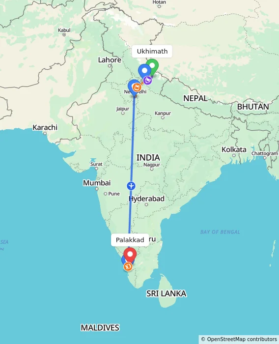 Route map showing distance and travel time from Ukhimath, India to Palakkad, India