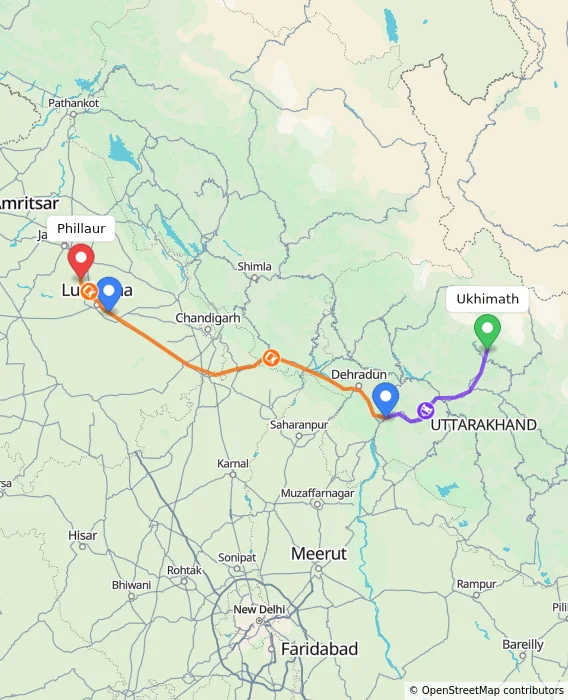 Route map showing distance and travel time from Ukhimath, India to Phillaur, India