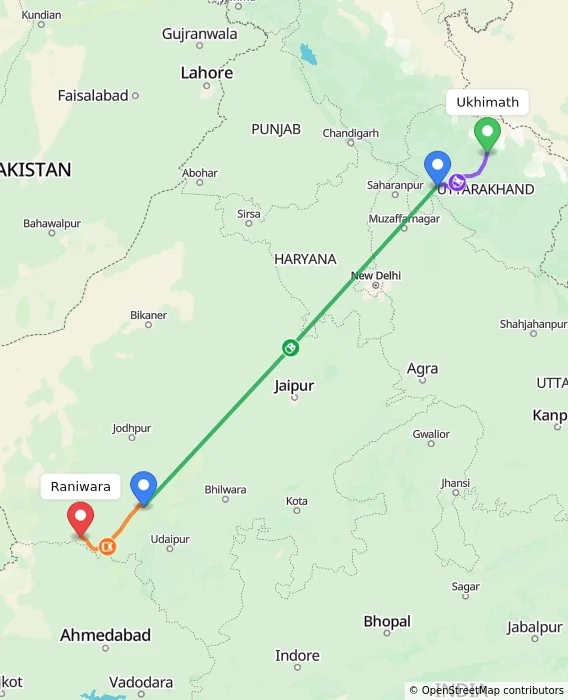 Route map showing distance and travel time from Ukhimath, India to Raniwara, India