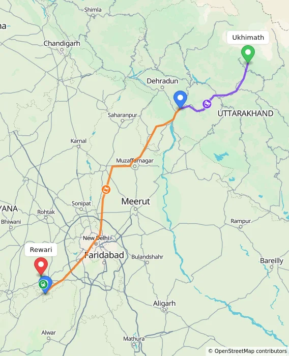 Route map showing distance and travel time from Ukhimath, India to Rewari, India