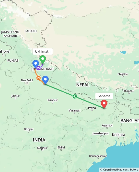 Route map showing distance and travel time from Ukhimath, India to Saharsa, India