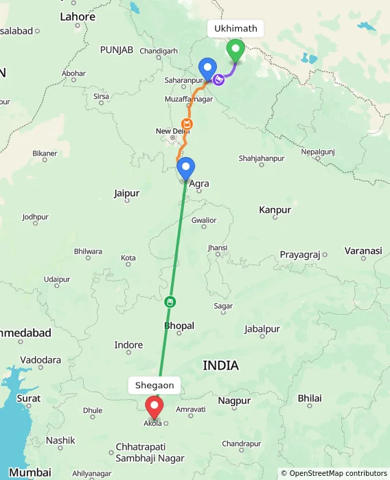 Route map showing distance and travel time from Ukhimath, India to Shegaon, India