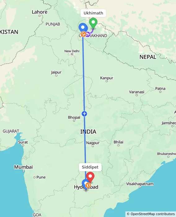 Route map showing distance and travel time from Ukhimath, India to Siddipet, India