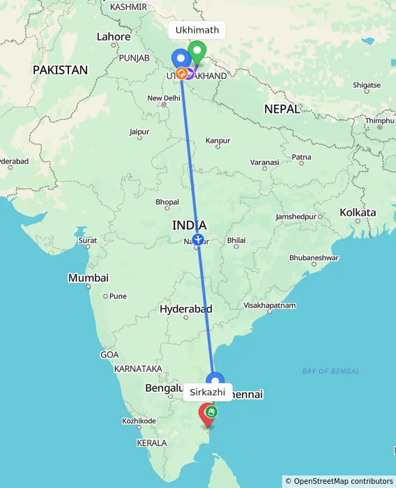 Route map showing distance and travel time from Ukhimath, India to Sirkazhi, India