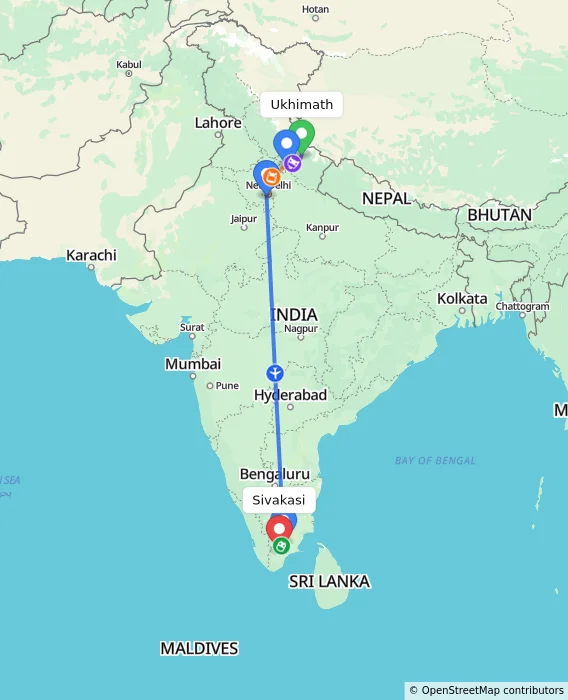 Route map showing distance and travel time from Ukhimath, India to Sivakasi, India
