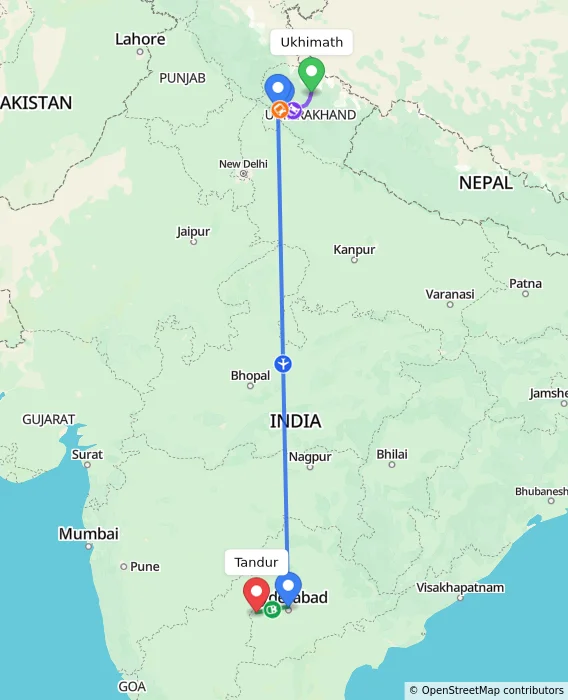 Route map showing distance and travel time from Ukhimath, India to Tandur, India