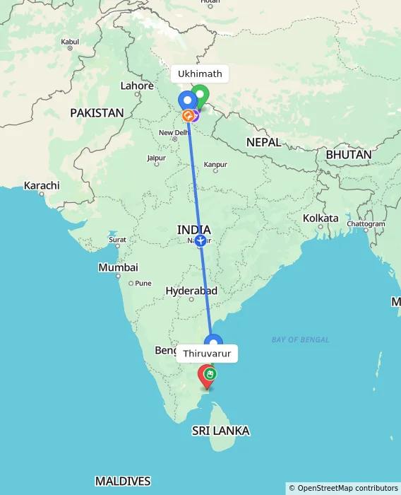 Route map showing distance and travel time from Ukhimath, India to Thiruvarur, India