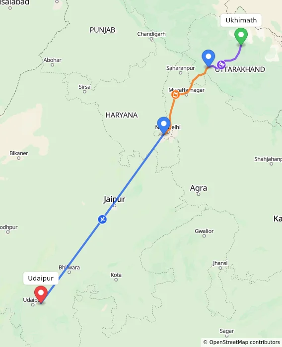 Route map showing distance and travel time from Ukhimath, India to Udaipur, India