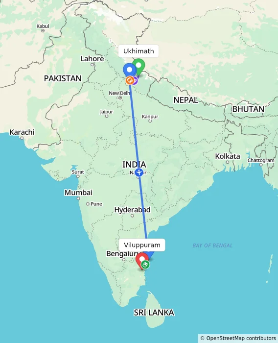 Route map showing distance and travel time from Ukhimath, India to Viluppuram, India