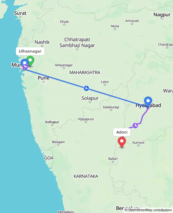 Route map showing distance and travel time from Ulhasnagar, India to Adoni, India