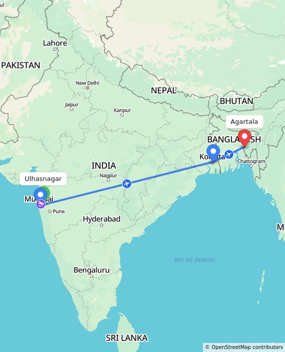 Route map showing distance and travel time from Ulhasnagar, India to Agartala, India