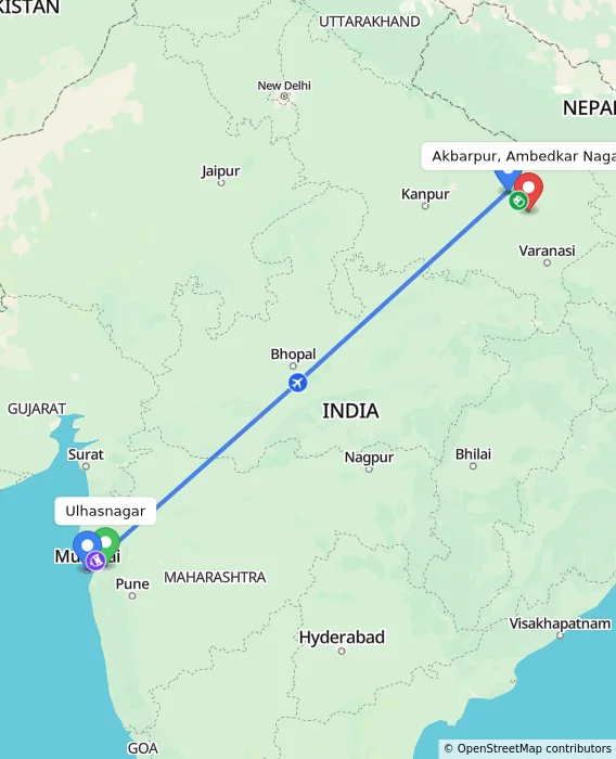 Route map showing distance and travel time from Ulhasnagar, India to Akbarpur, Ambedkar Nagar, India