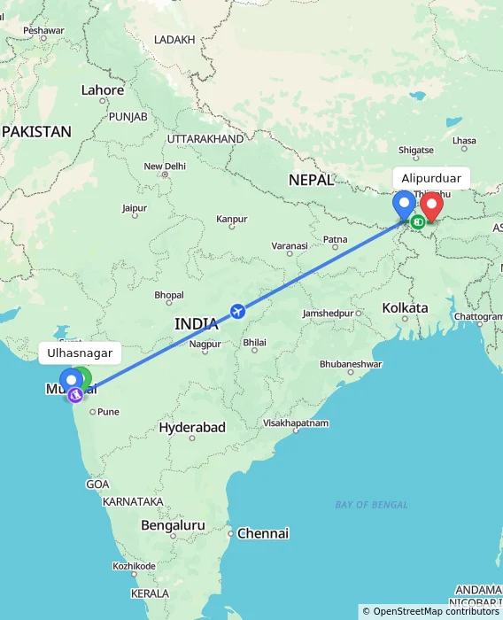 Route map showing distance and travel time from Ulhasnagar, India to Alipurduar, India