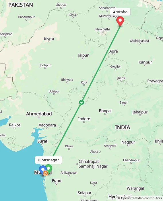 Route map showing distance and travel time from Ulhasnagar, India to Amroha, India