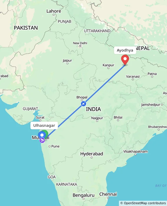 Route map showing distance and travel time from Ulhasnagar, India to Ayodhya, India