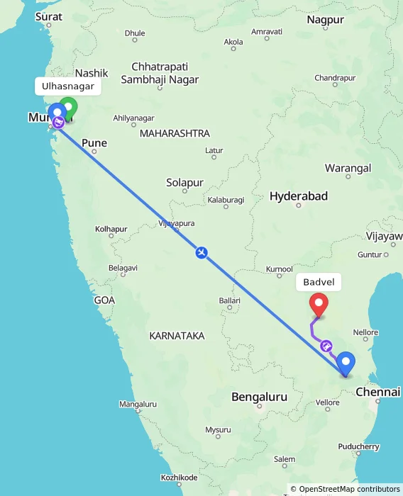 Route map showing distance and travel time from Ulhasnagar, India to Badvel, India