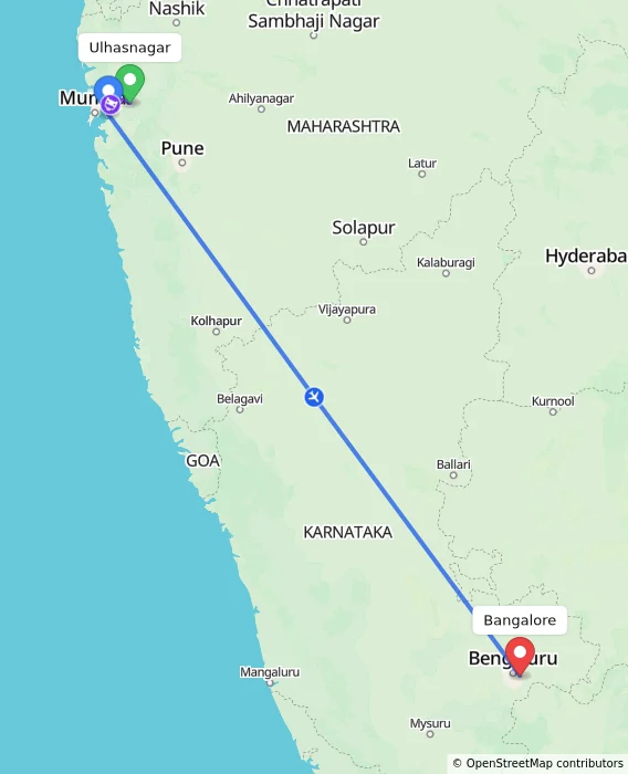 Route map showing distance and travel time from Ulhasnagar, India to Bangalore, India