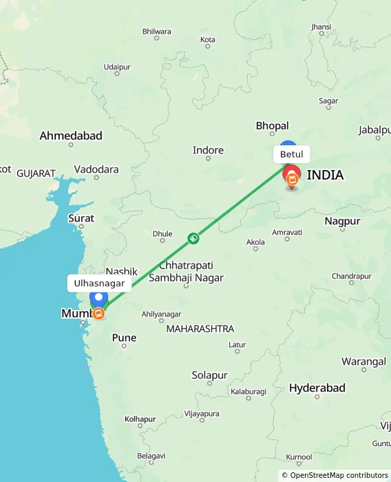 Route map showing distance and travel time from Ulhasnagar, India to Betul, India