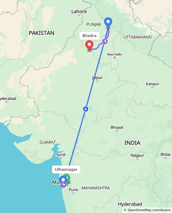 Route map showing distance and travel time from Ulhasnagar, India to Bhadra, India