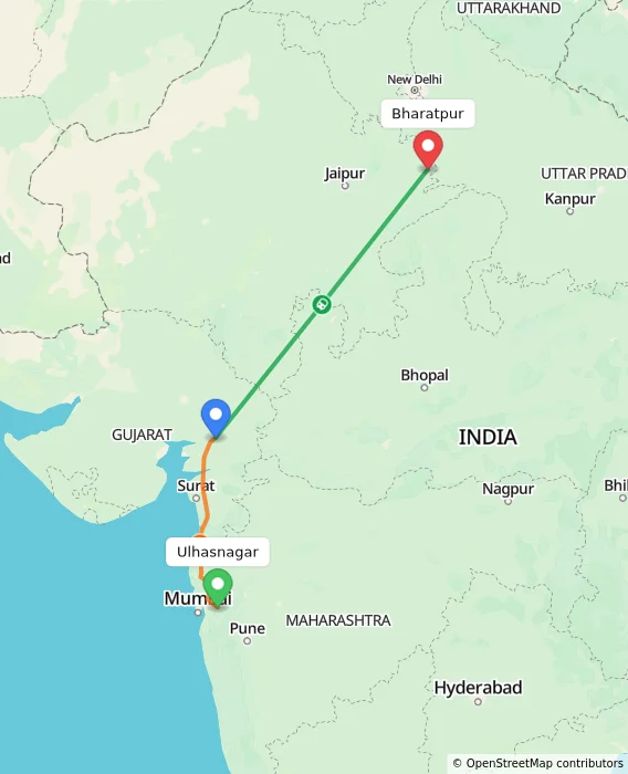 Route map showing distance and travel time from Ulhasnagar, India to Bharatpur, India